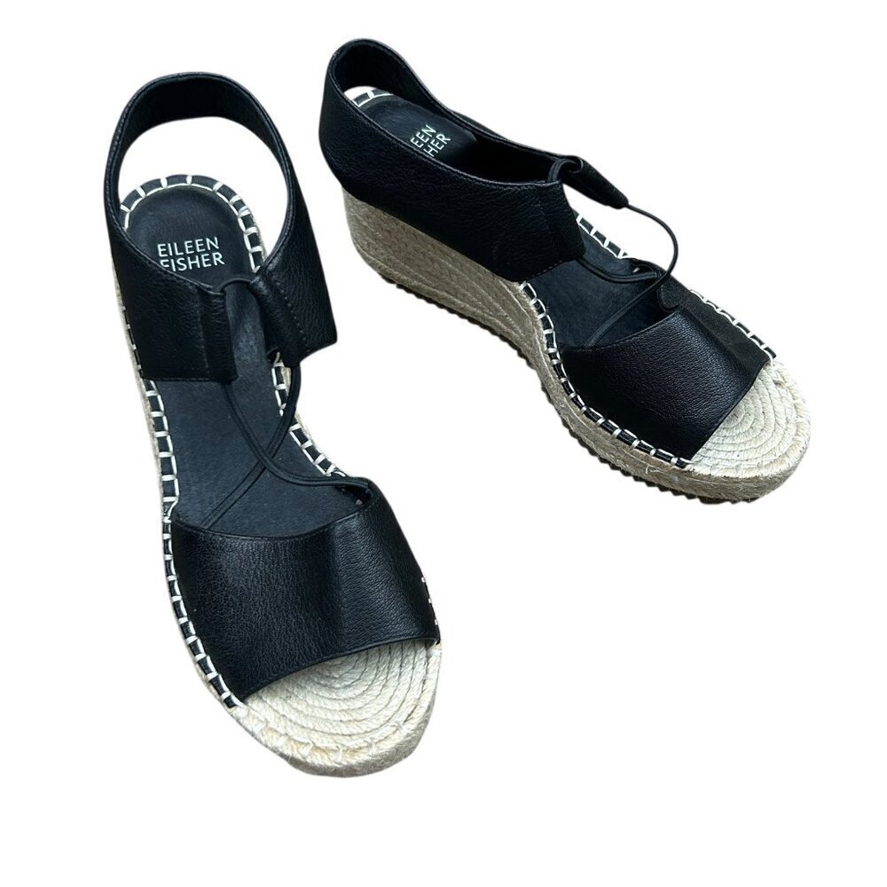 Eileen Fisher Black Agnes Espadrille Wedge Sandals Size 7
